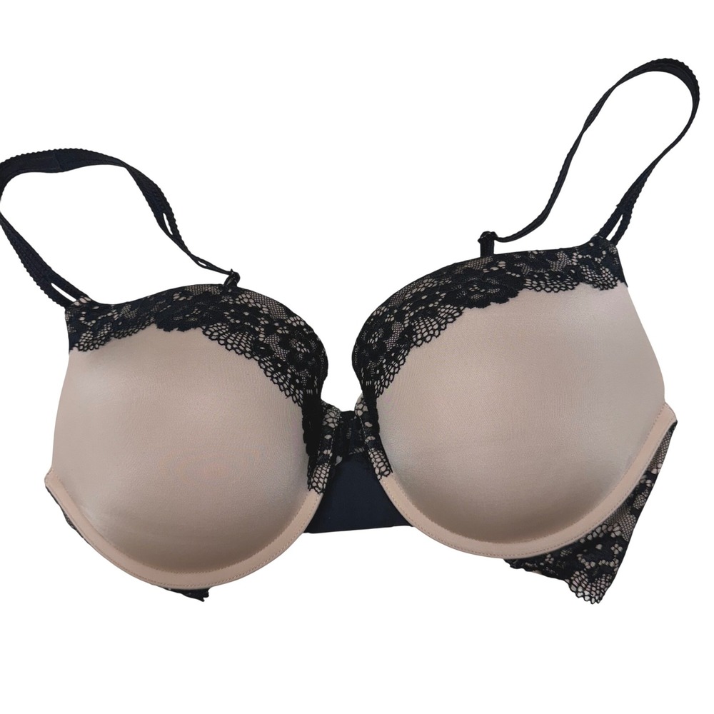 Camio Mio Beige Black Lace Trim Underwire Balconette Bra 36DD B30252
